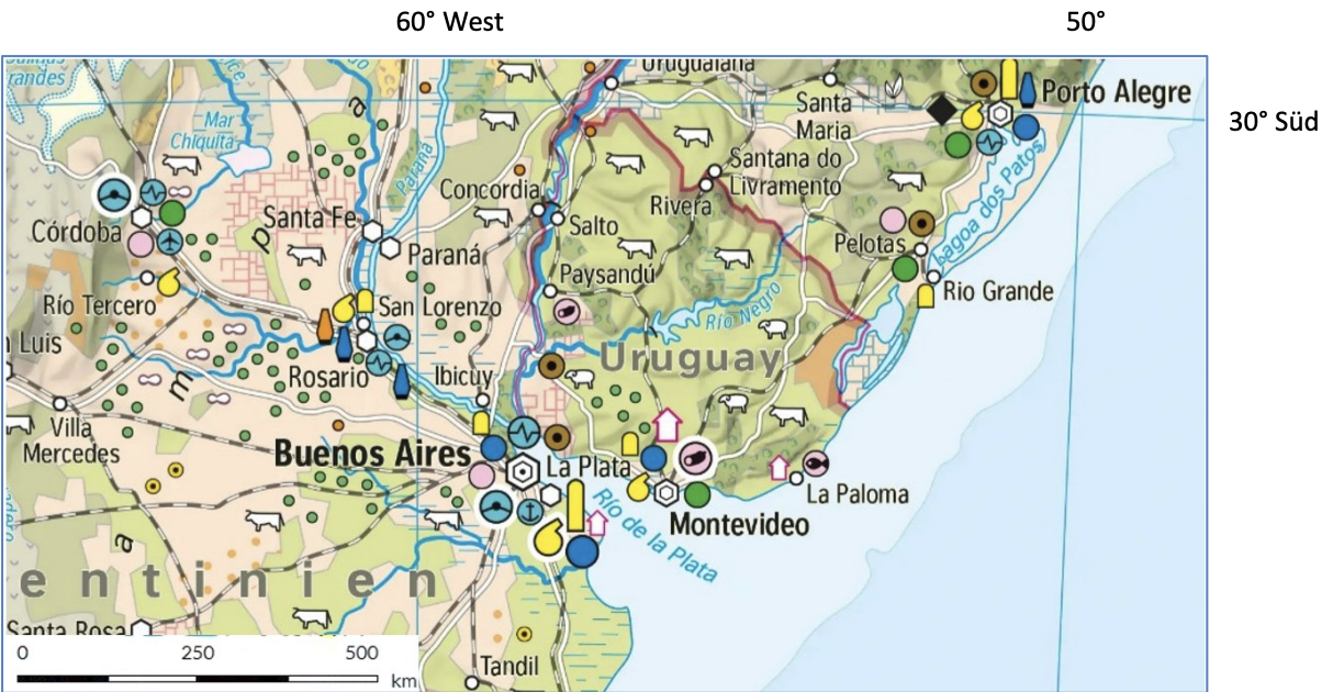 Karte der Region um Uruguay mit Montevideo, Buenos Aires und Porto Alegre.